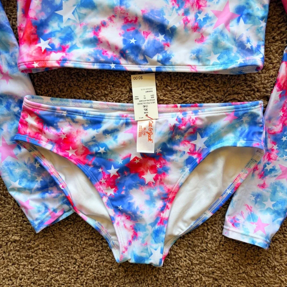 Cat & Jack Patriotic Tie Dye Stars Rash Guard Bikini Swim Bathing Suit XL 14 NWT